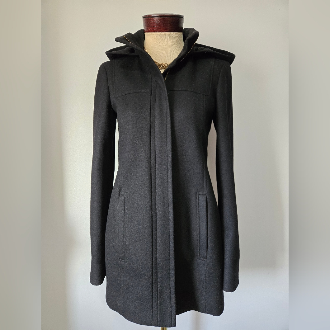 Hugo Boss Black Virgin Wool Hooded Midi Coat. Size 2